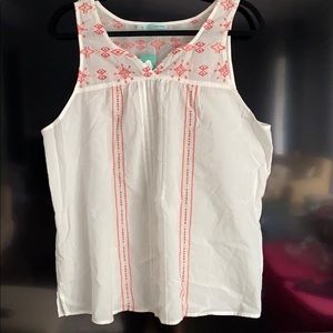MAURICES WHITE CORAL EMBROIDERY PEASANT SLEEVELESS BLOUSE